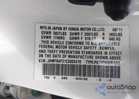 2012 Honda Civic Hybrid z USA, uszkodzony, nr VIN JHMFB4F21CS002478